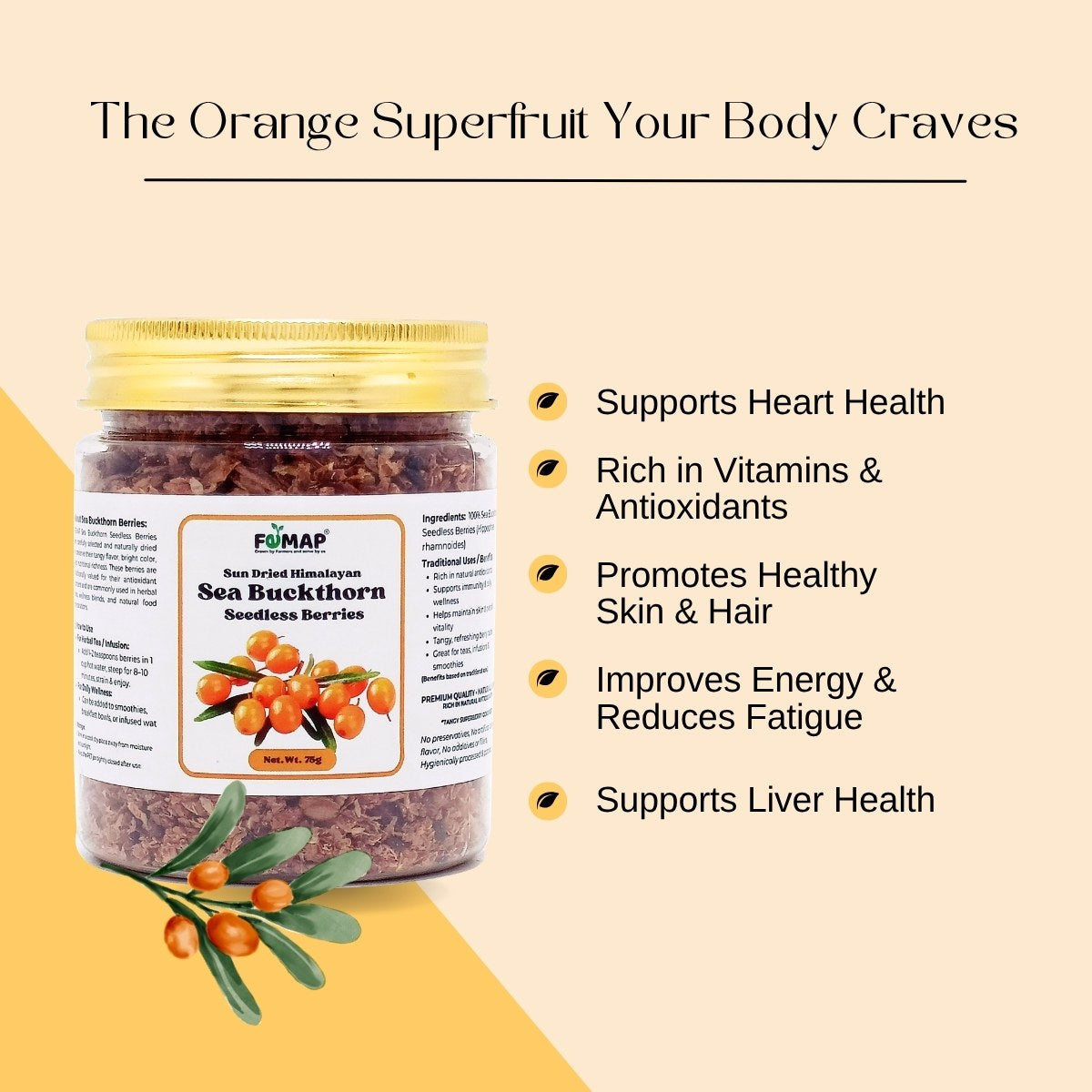 Premium Sea Buckthorn Dried Berries 100% Natural | Seabuckthorn Fruit | Rich in Antioxidants & Vitamin C | Herbal Superfood | No Additives | FEMAP