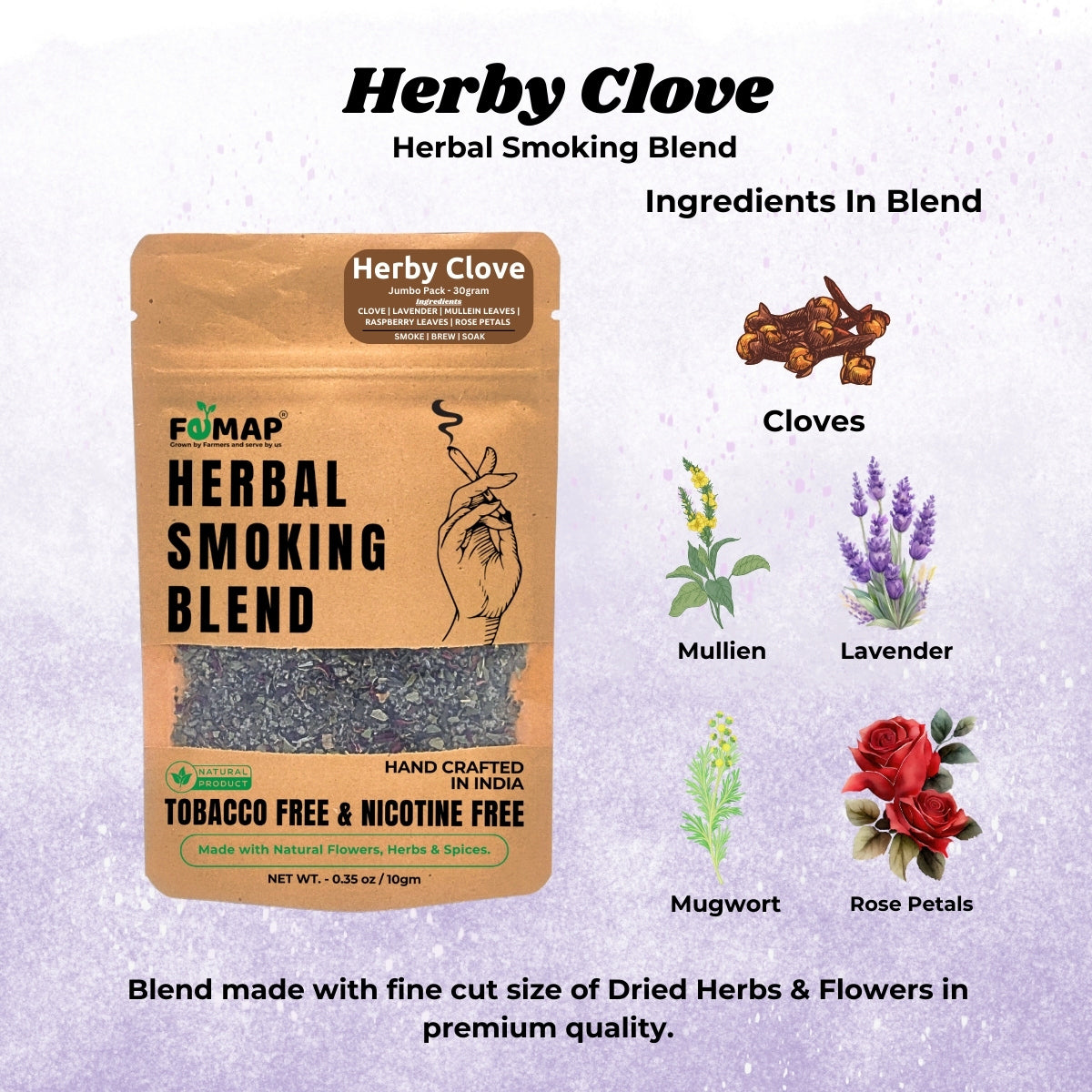 Herbal smoking blend packaging with ingredients listed on a light purple background