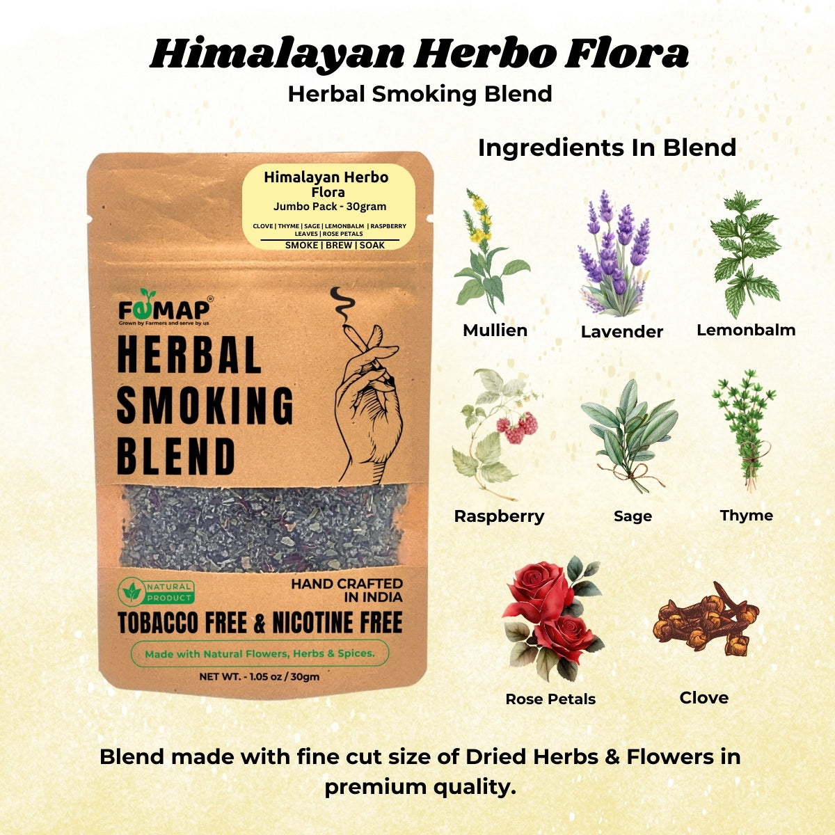 Himalayan Herbo Flora herbal smoking blend packaging with ingredients listed on a beige background