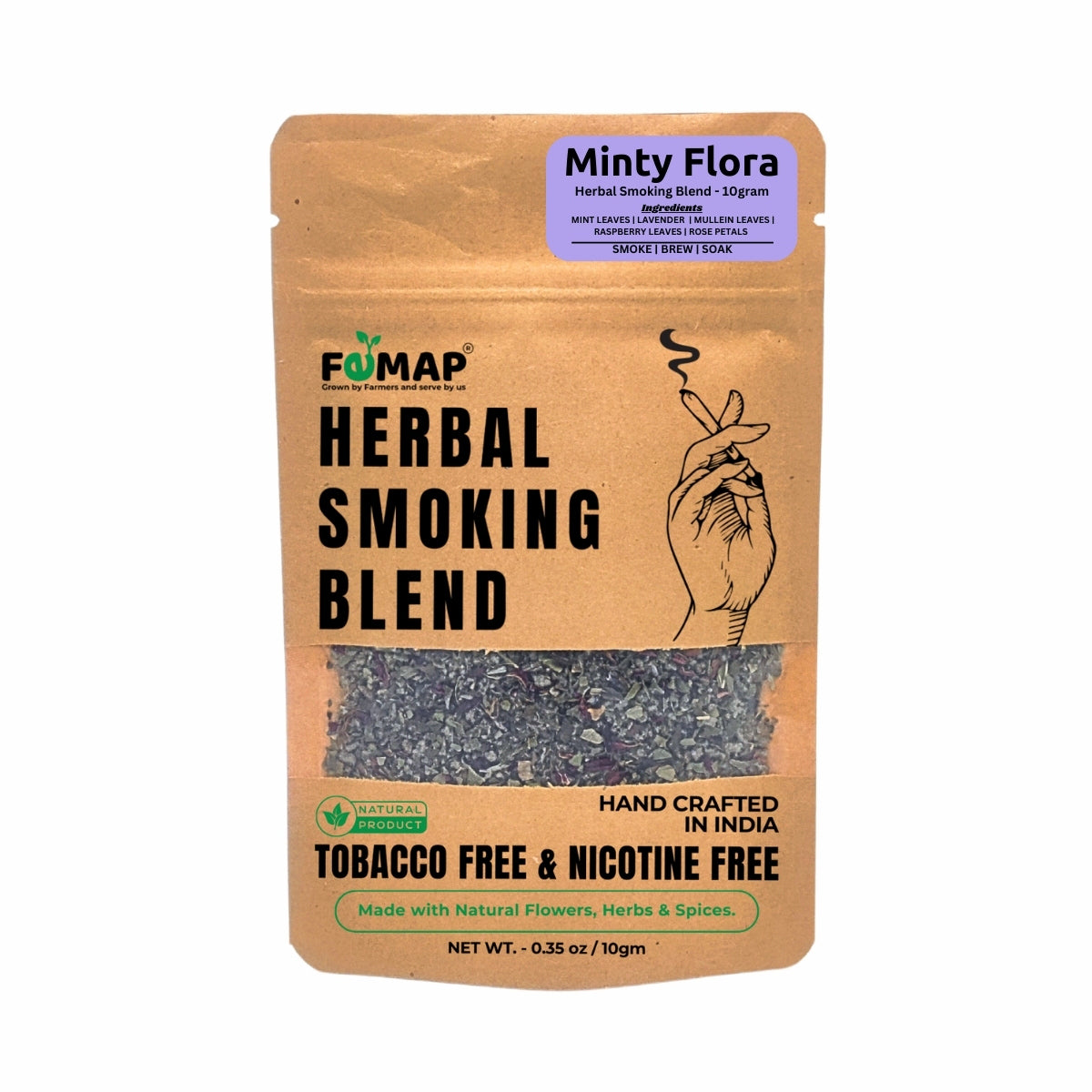 Packaging of FEMAP Herbal Smoking Blend with branding and product details on a white background