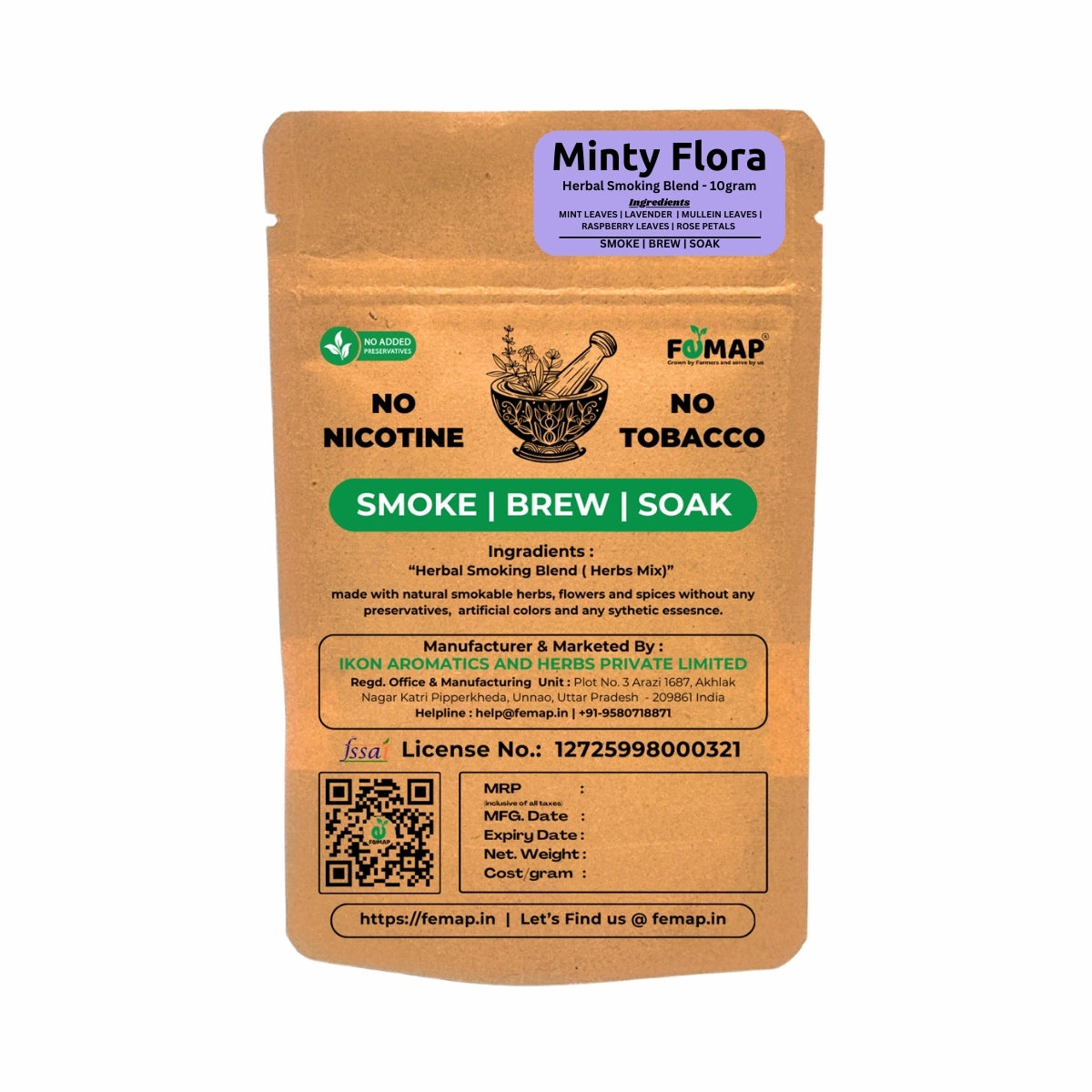 Minty Flora herbal smoking blend packaging with branding and product details.