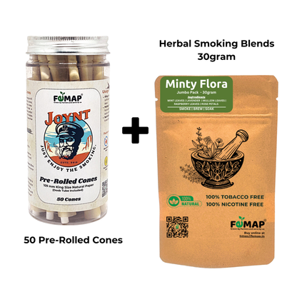 FEMAP Joynt pre-rolled cones packaging and Minty Flora smoking blend packaging on a white background