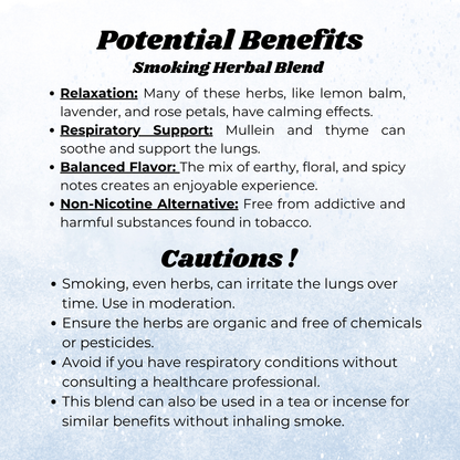 Potential benefits and cautions of smoking herbal blend, highlighting relaxation, respiratory support, balanced flavor, non-nicotine alternative, and safety precautions.