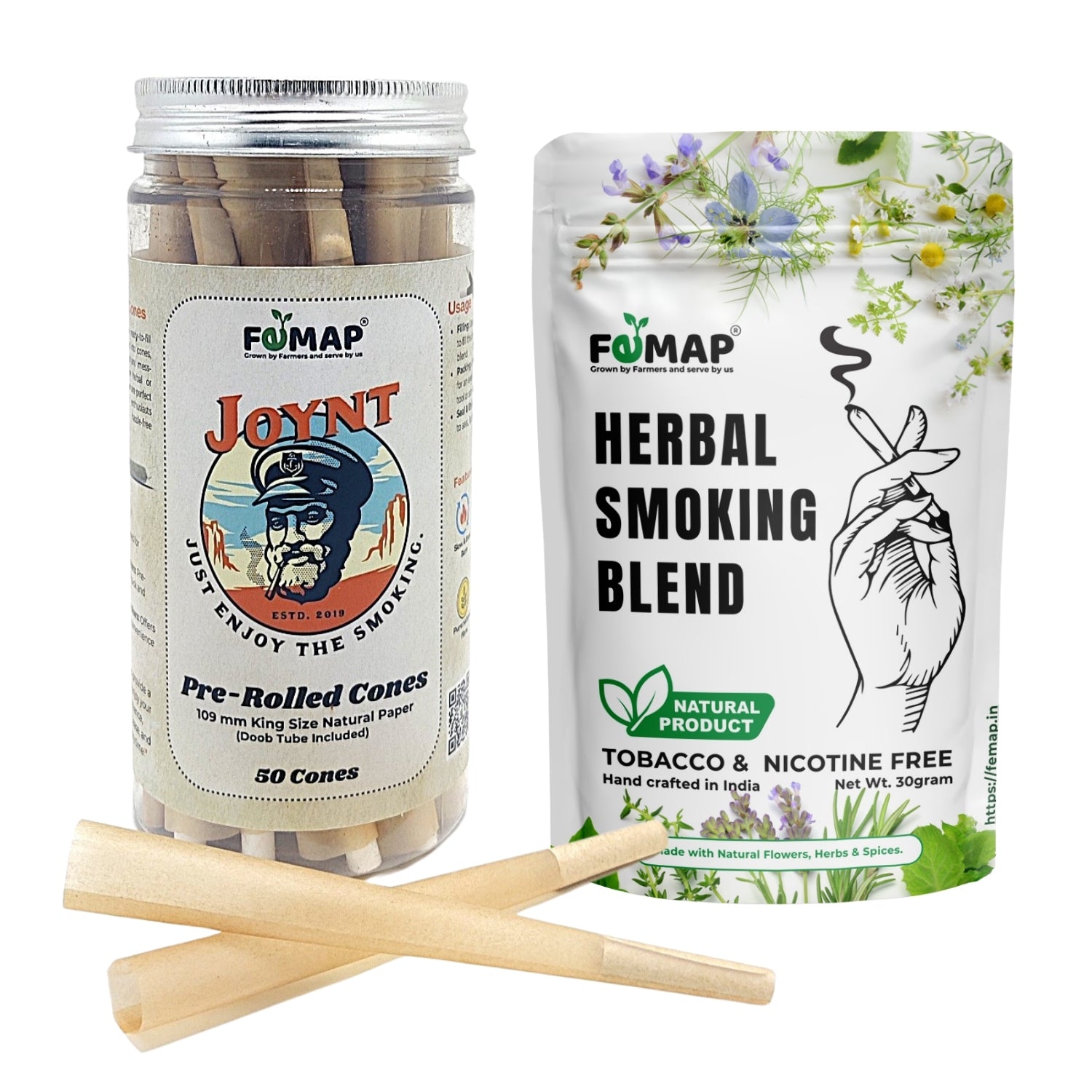 FEMAP Joynt pre-rolled cones and herbal smoking blend packaging on a white background