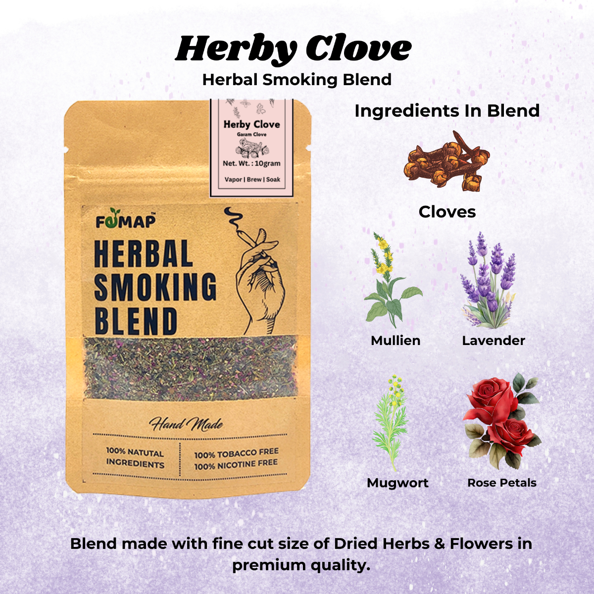 Close-up of Herby Clove herbal blend with clove, lavender, raspberry and mullein leaves