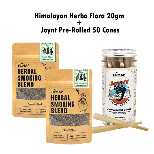 Herbal smoking blend combo pack featuring Himalayan Herbo Flora 20g with 50 Joynt pre-rolled cones – natural, nicotine-free, and tobacco-free smoking alternative.