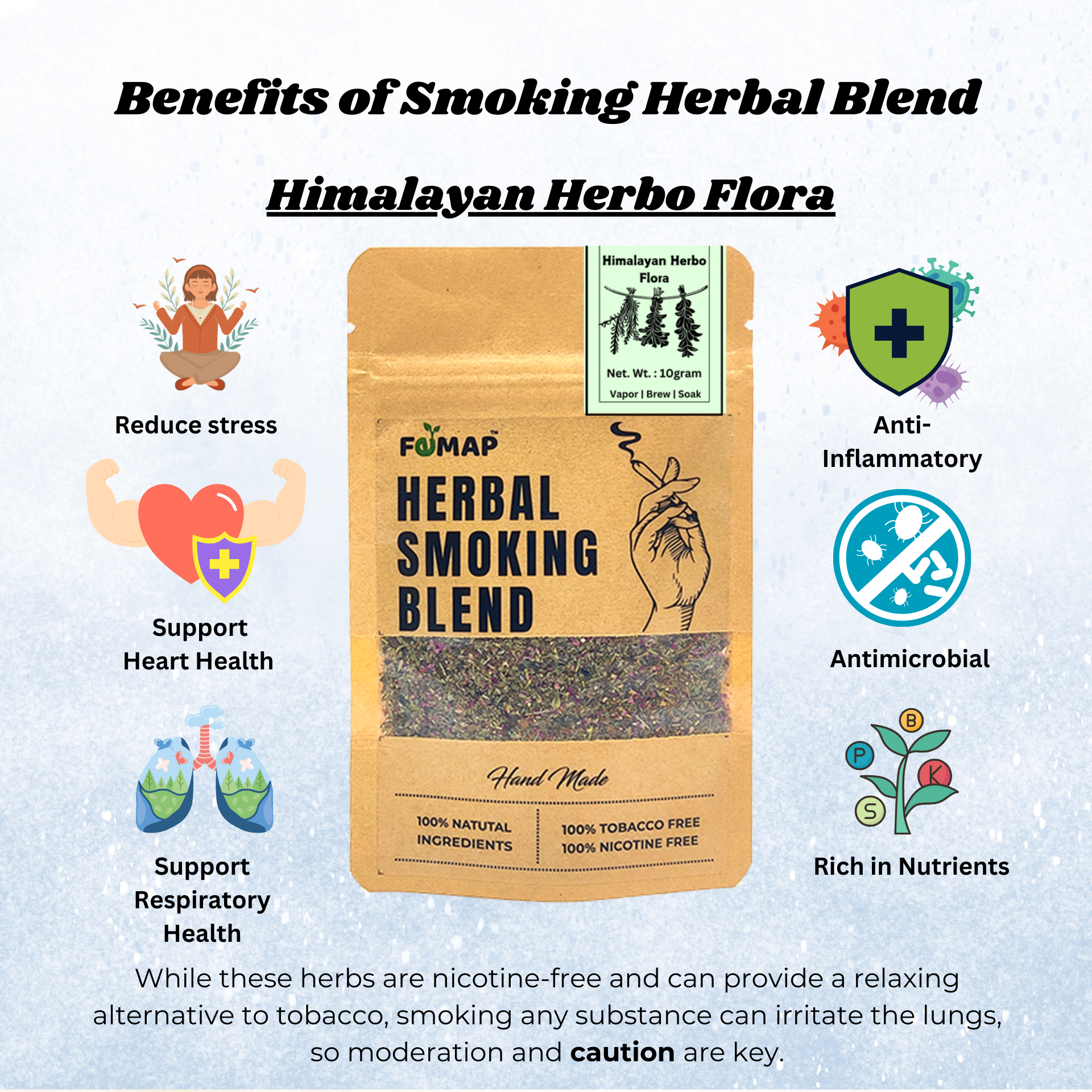 Herbal smoking blend Himalayan Herbo Flora packaging with listed benefits including stress reduction, heart health support, respiratory health support, anti-inflammatory, antimicrobial, and nutrient-rich properties.