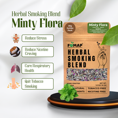 Packaging of FEMAP Herbal Smoking Blend Minty Flora with green leaves on a white background