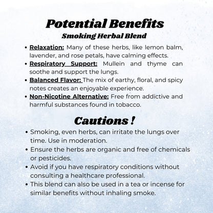 Text detailing the potential benefits and cautions of smoking an herbal blend on a light blue background.