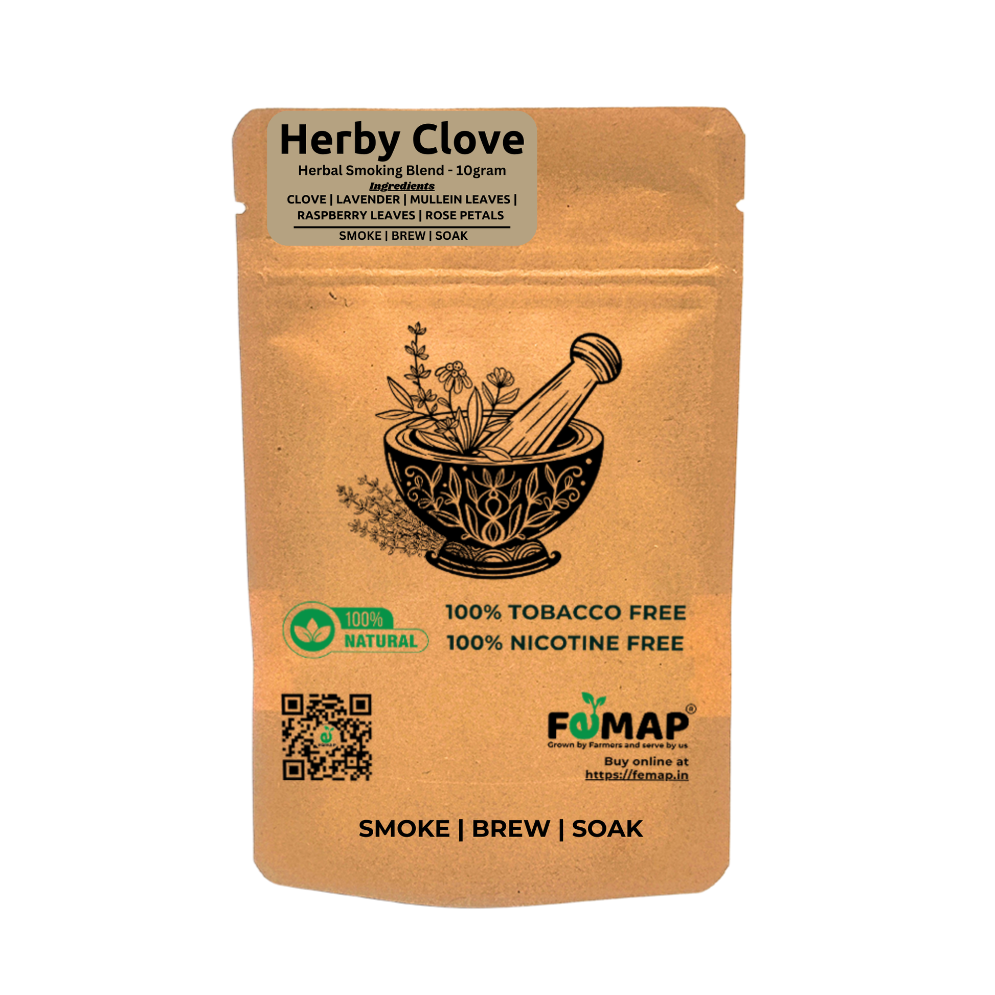 Backside of Femap Herby Clove herbal smoking blend pouch with product info