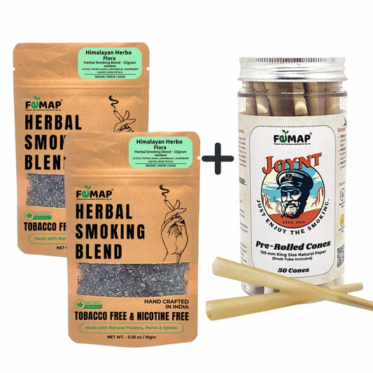 FEMAP Herbal Smoking Blend packages and a container of Joynt pre-rolled cones on a white background