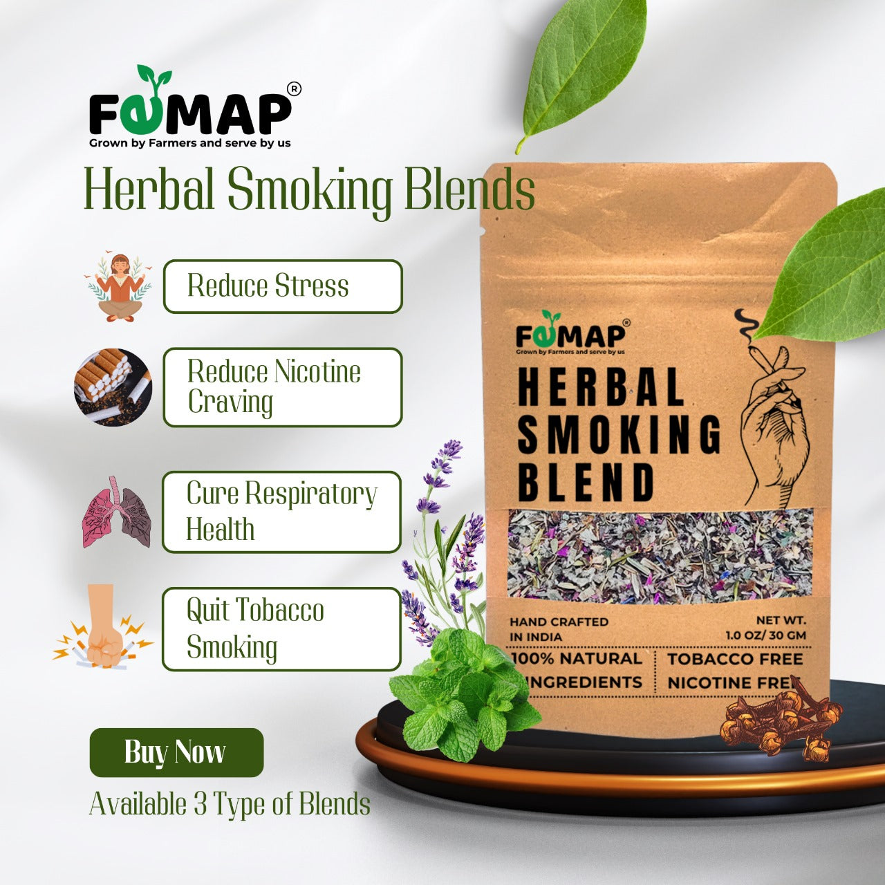 FEMAP sampler packs of 3 herbal smoking blends – Herby Clove, Minty Flora, Himalayan Herbo Flora, 100% natural and tobacco-free.