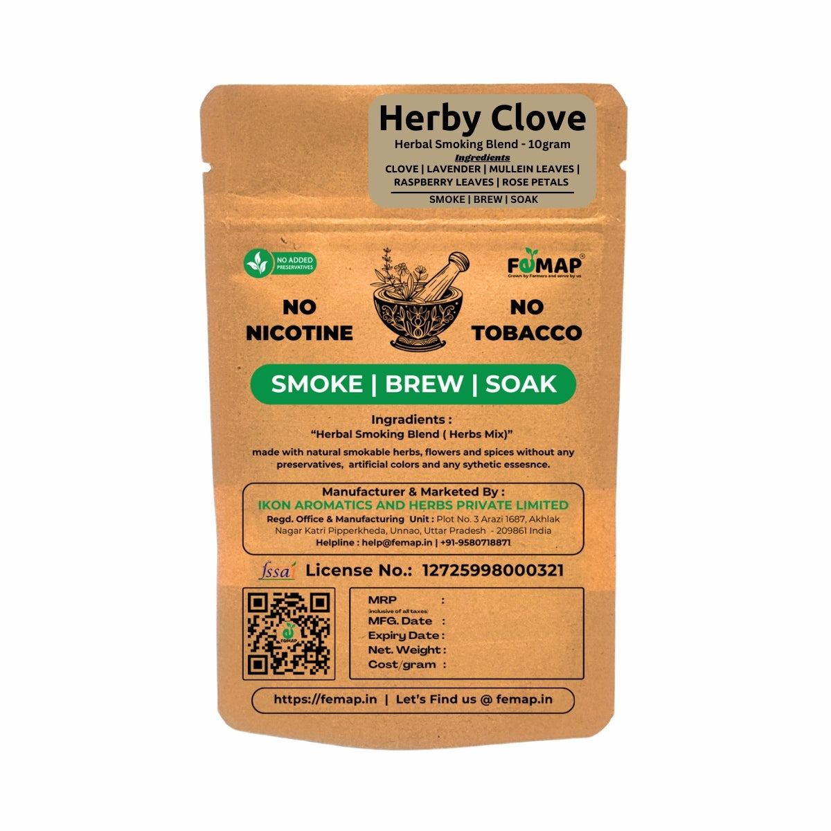 Herbal smoking blend package with branding and product details on a white background