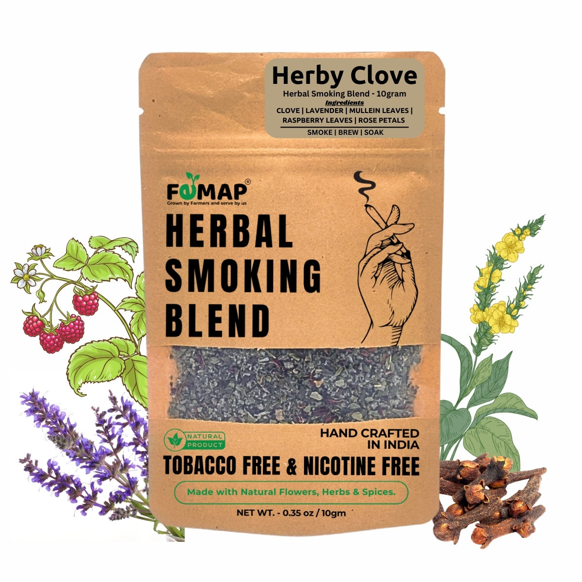 FEMAP Herbal Smoking Blend package with smoking-related illustrations on a white background