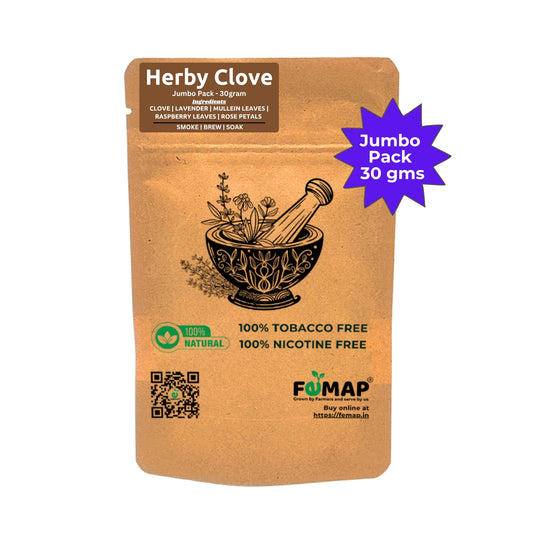 Herby Clove Herbal Smoking Blend 30gm jumbo pack back view – natural herbal ingredients, 100% tobacco free and nicotine free