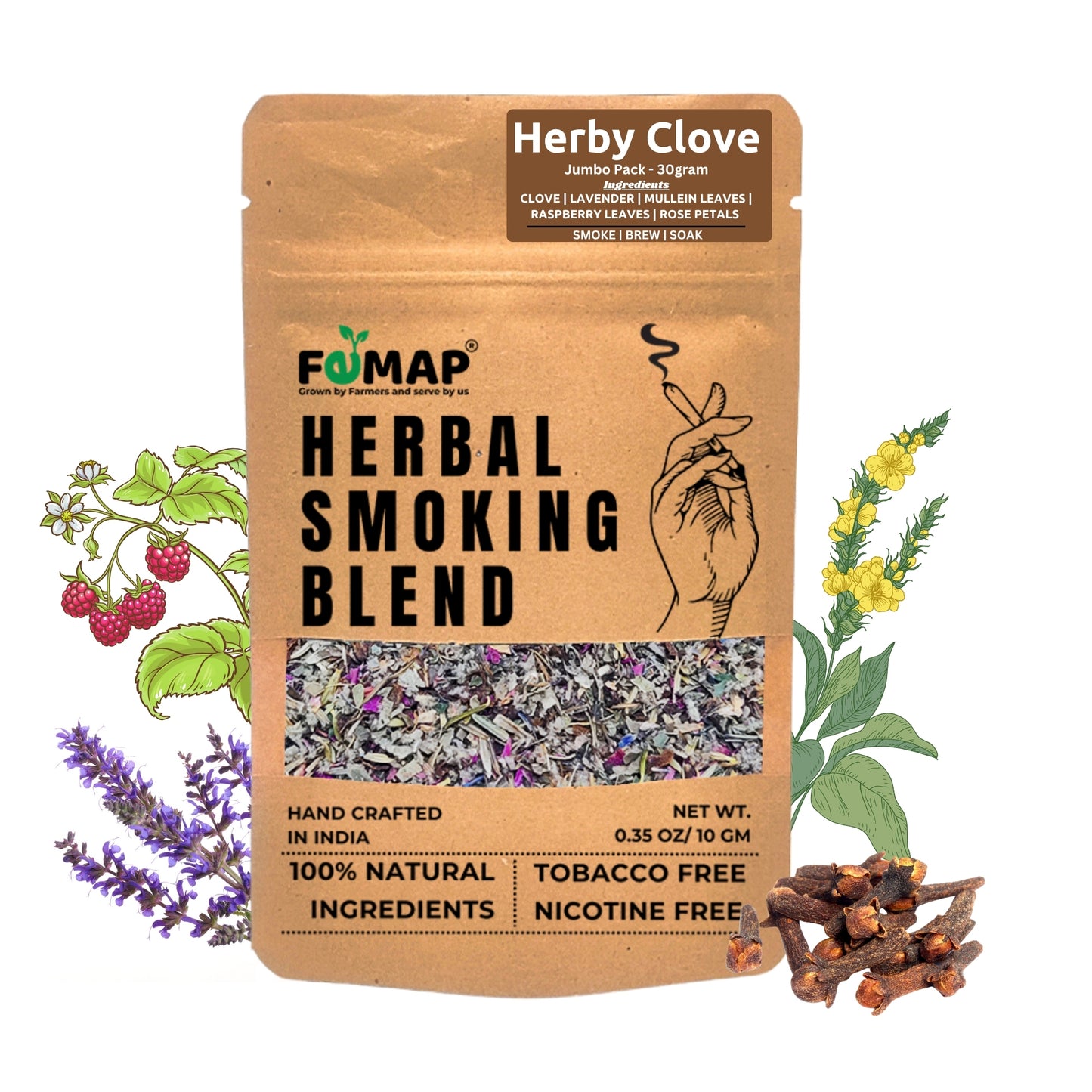 Herby Clove Herbal Smoking Blend 30gm front view – handcrafted herbal mix, 100% natural, tobacco free and nicotine free