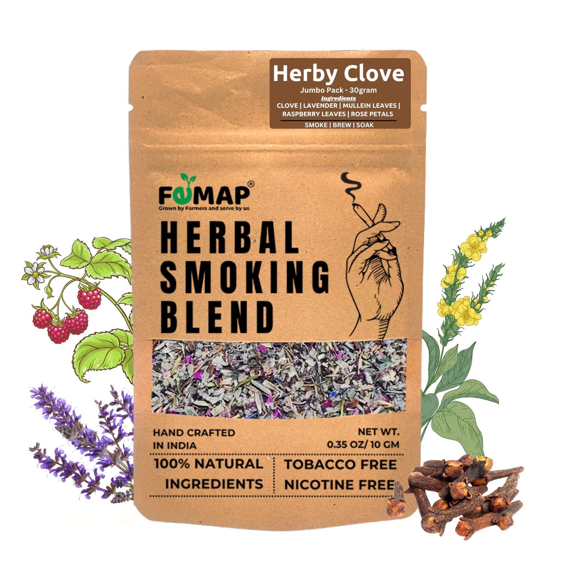 Herby Clove Herbal Smoking Blend 30gm front view – handcrafted herbal mix, 100% natural, tobacco free and nicotine free