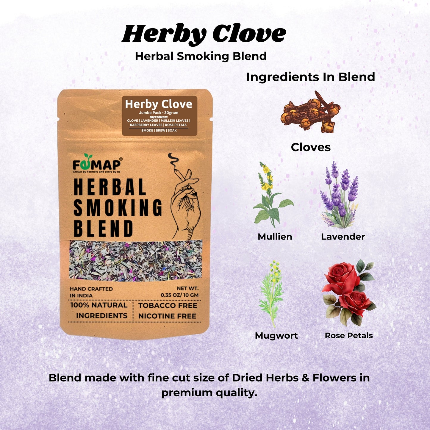 Ingredients in Herby Clove Herbal Smoking Blend – cloves, mullein, lavender, mugwort, rose petals, natural herbs and flowers