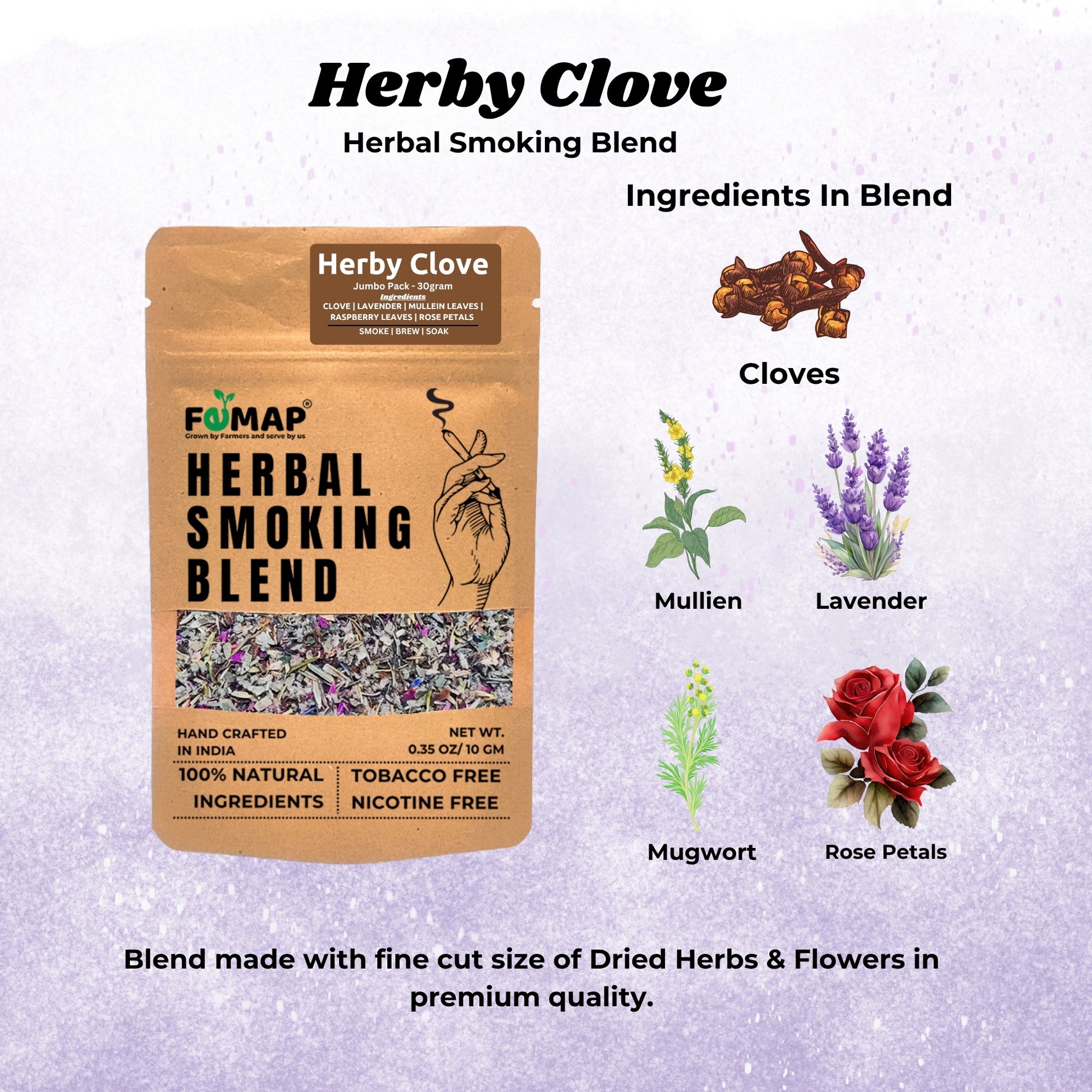 Ingredients in Herby Clove Herbal Smoking Blend – cloves, mullein, lavender, mugwort, rose petals, natural herbs and flowers
