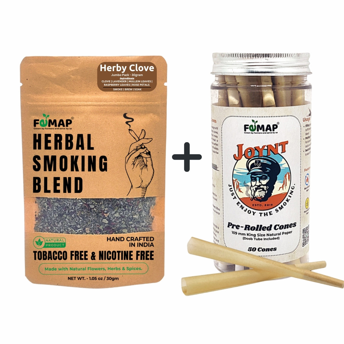 FEMAP Herbal Smoking Blend package and JOYNT pre-rolled cones with packaging on a white background