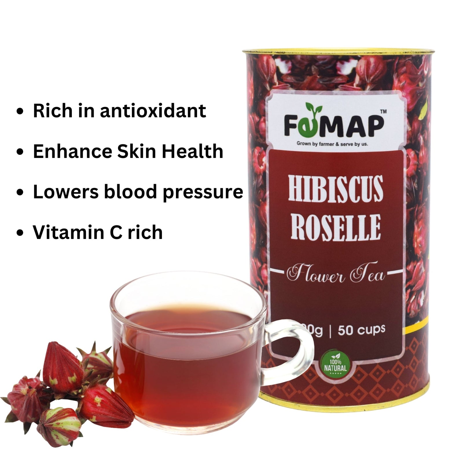 Hibiscus Roselle Flower Tea 100g pack by Femap, rich in antioxidants, herbal infusion for 50 cups