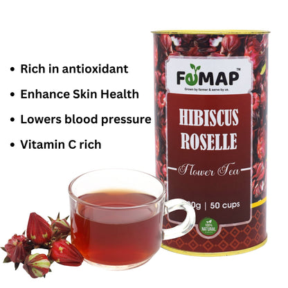 Hibiscus Roselle Flower Tea 100g pack by Femap, rich in antioxidants, herbal infusion for 50 cups