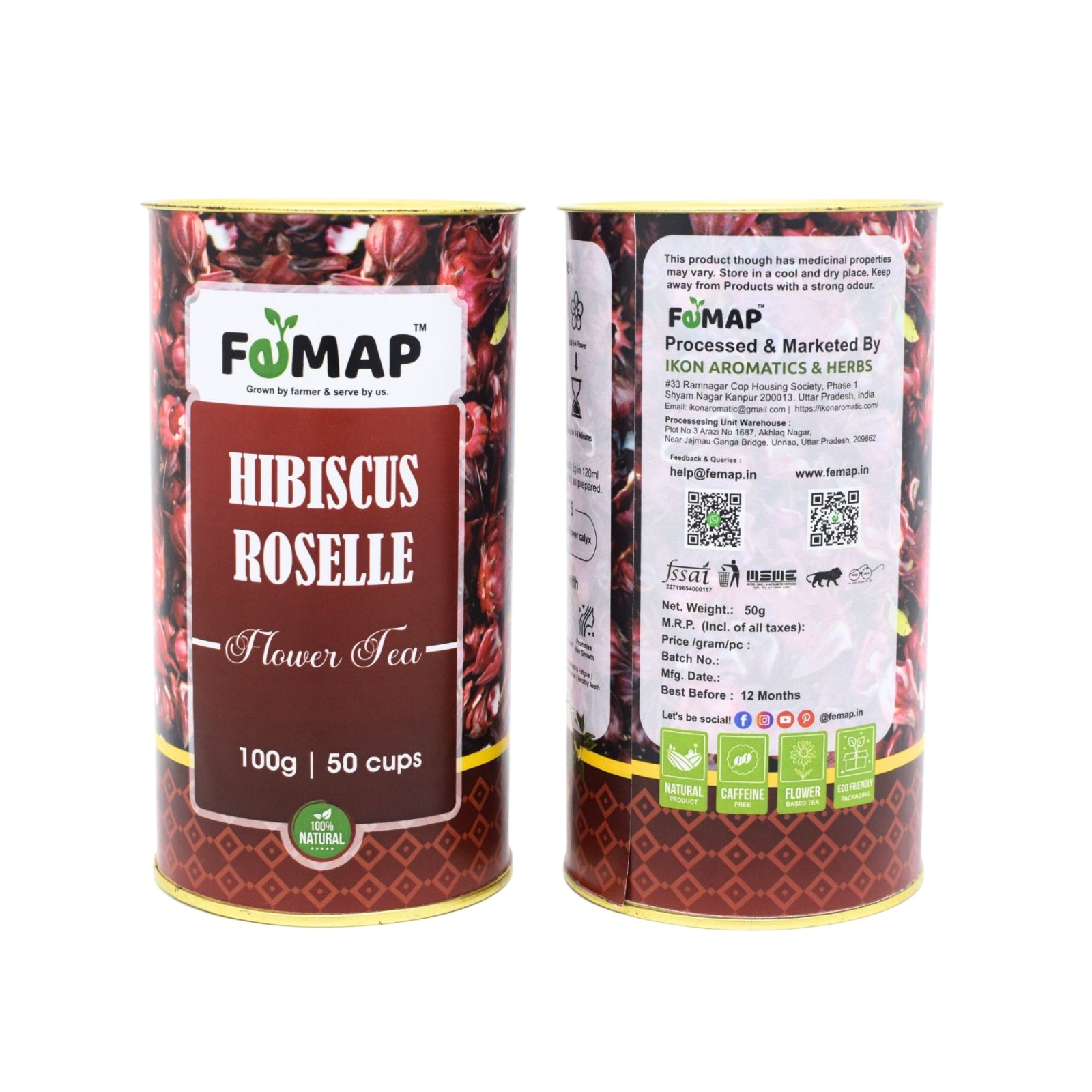 100g Femap Hibiscus Roselle Flower Tea with dried petals, natural herbal tisane for wellness and digestion