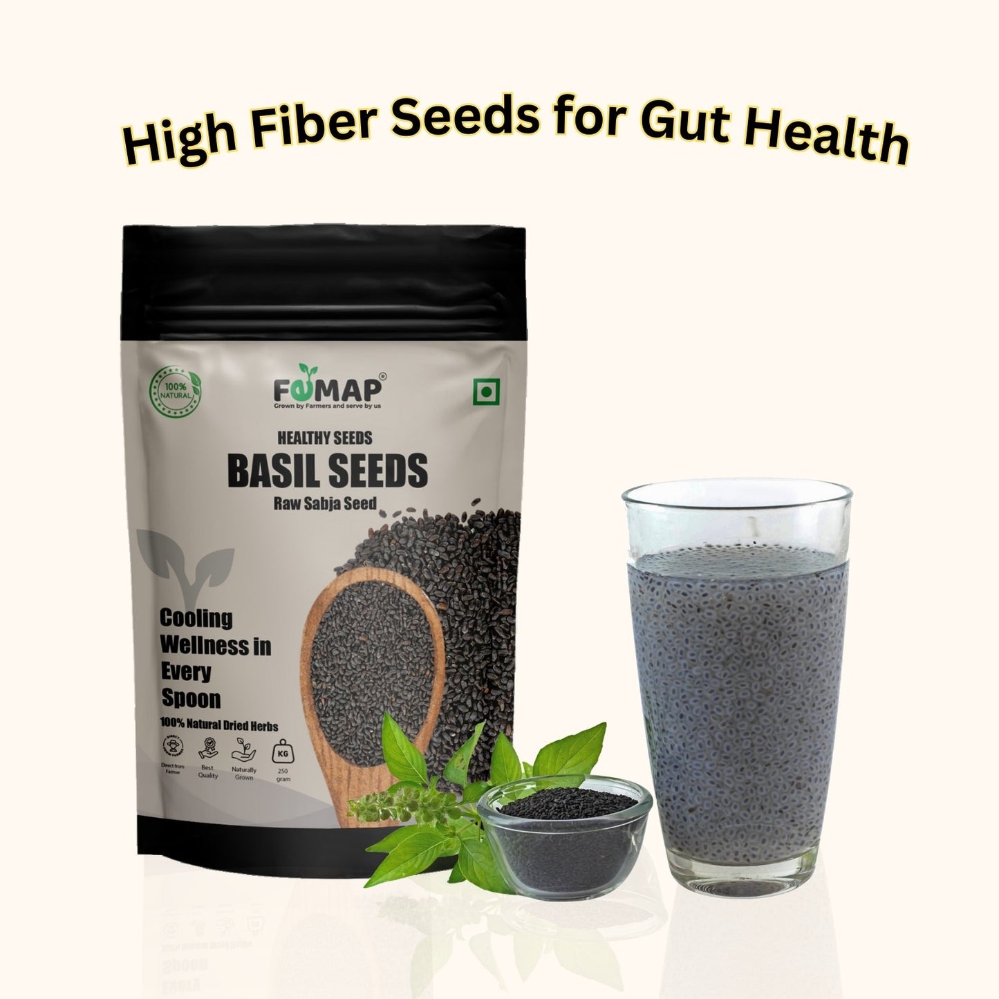 FEMAP basil seeds packaging with a glass of water and basil leaves on a white background