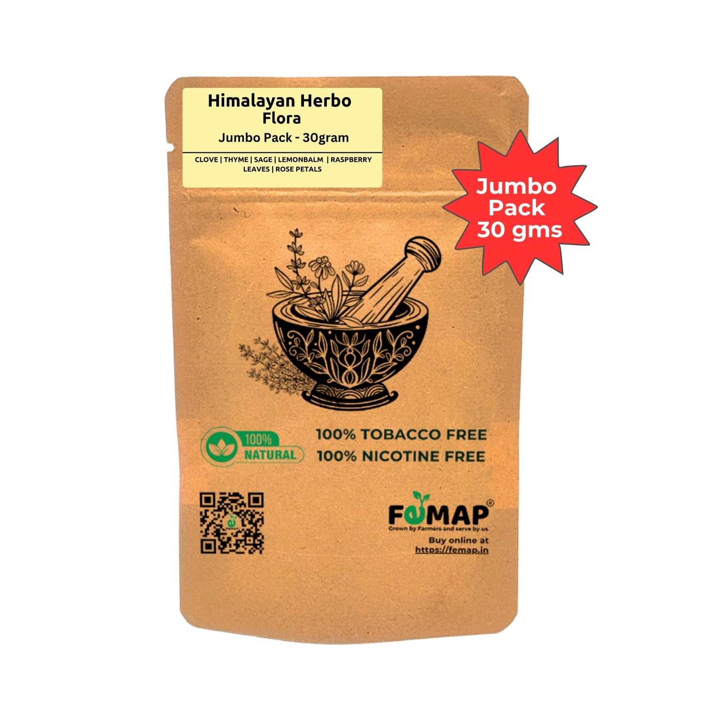 Himalayan Herbo Flora Herbal Smoking Blend back view – 30gm jumbo pack with natural ingredients label, tobacco free, nicotine free