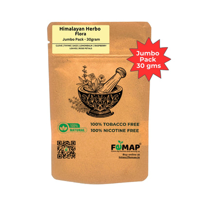 Himalayan Herbo Flora Herbal Smoking Blend back view – 30gm jumbo pack with natural ingredients label, tobacco free, nicotine free