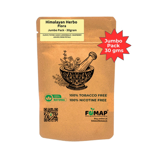 Himalayan Herbo Flora Herbal Smoking Blend back view – 30gm jumbo pack with natural ingredients label, tobacco free, nicotine free