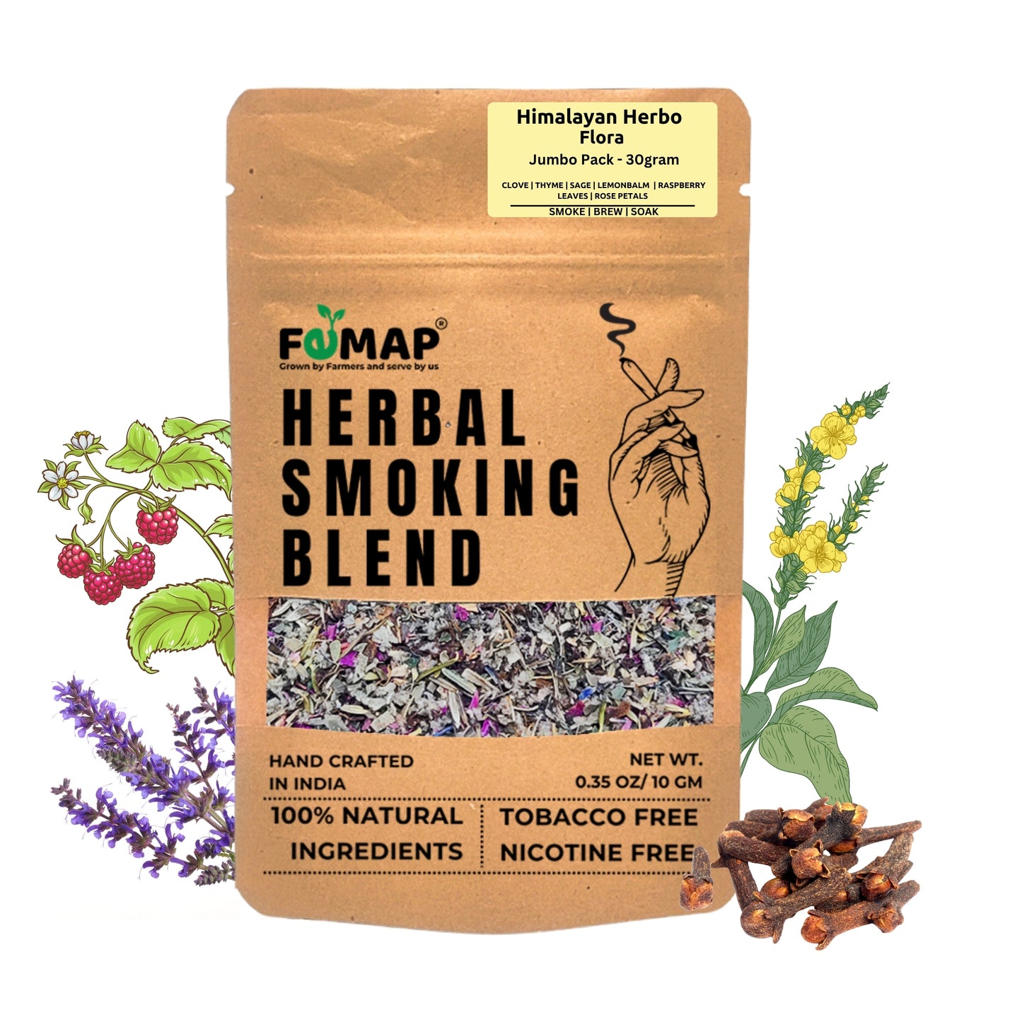 Himalayan Herbo Flora Herbal Smoking Blend front view – 30gm jumbo pack, 100% natural, tobacco free, nicotine free