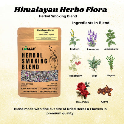 Ingredients in Himalayan Herbo Flora Herbal Smoking Blend – mullein, lavender, lemon balm, raspberry, sage, thyme, rose petals, clove
