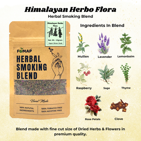 Himalayan Herbo Flora herbal smoking blend with natural ingredients like mullein, lavender, sage, thyme, and rose petals – 100% tobacco-free and nicotine-free