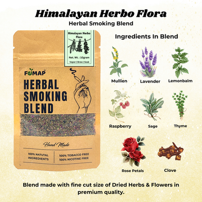 Himalayan Herbo Flora herbal smoking blend with natural ingredients like mullein, lavender, sage, thyme, and rose petals – 100% tobacco-free and nicotine-free