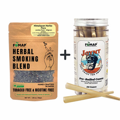 FEMAP Herbal Smoking Blend package and JOYNT pre-rolled cones with packaging on a white background