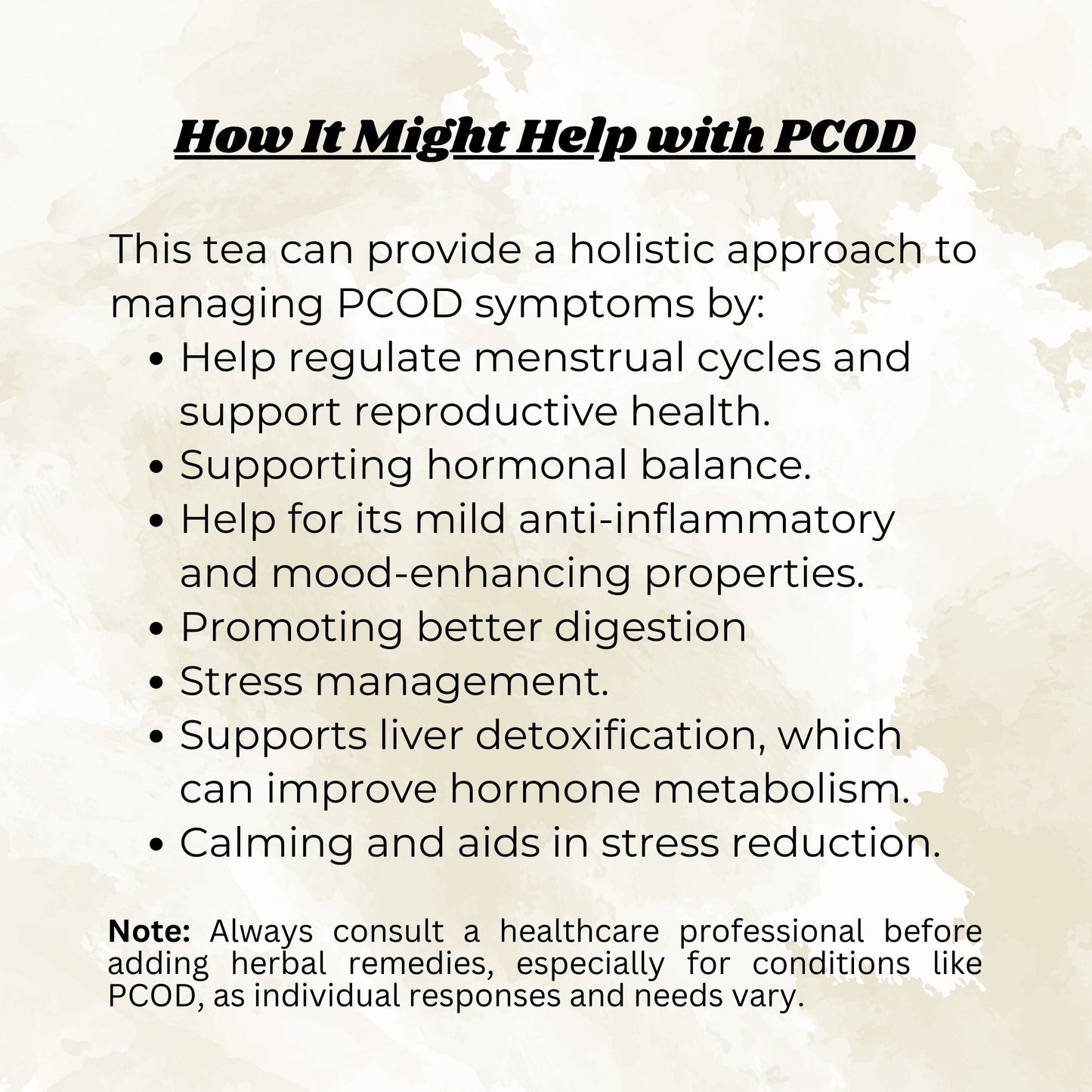 Text describing the benefits of a tea for managing PCOD symptoms on a textured beige background.