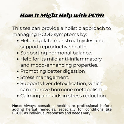 Text describing the benefits of a tea for managing PCOD symptoms on a textured beige background.
