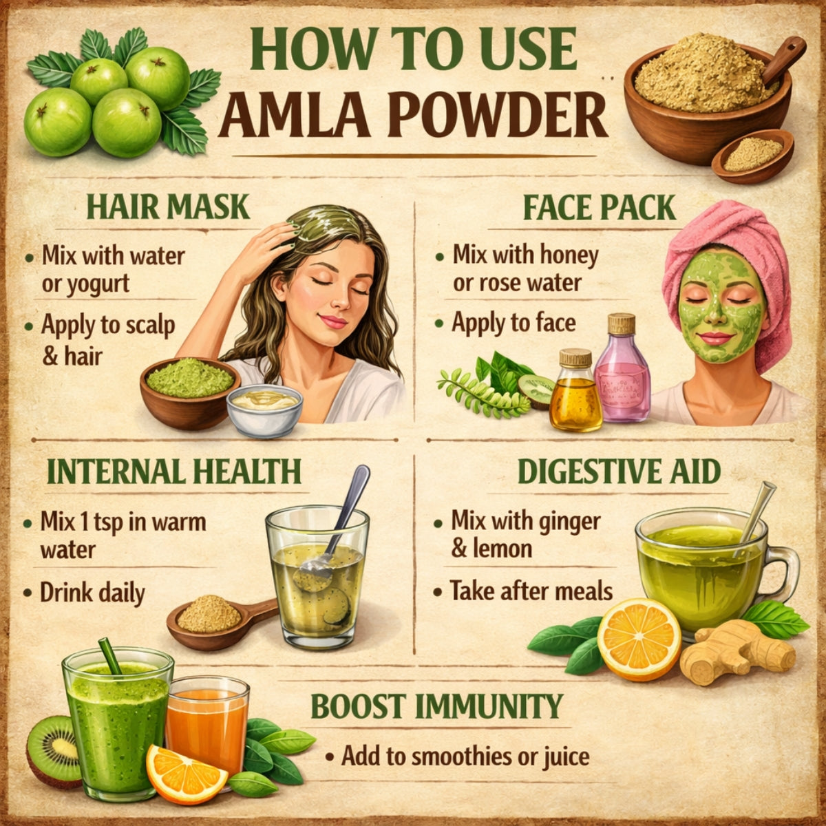 Infographic on how to use amla powder for hair mask, face pack, internal health, digestive aid, and boosting immunity.
