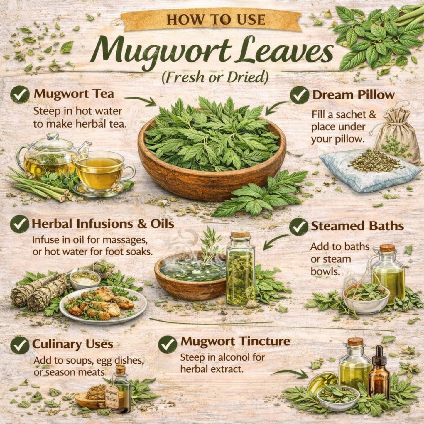 Infographic on how to use mugwort leaves with illustrations and text.