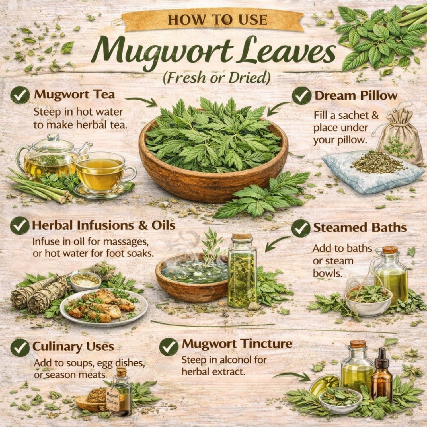 Infographic on how to use mugwort leaves with illustrations and text.