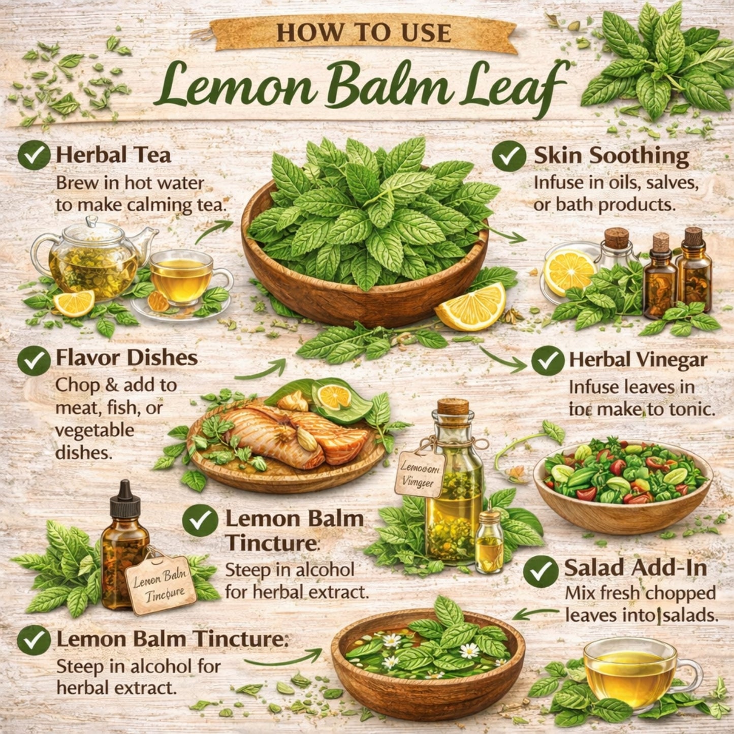 Infographic on how to use lemon balm leaf with various applications and images of lemon balm leaves and products.
