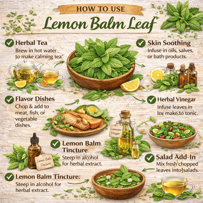 Infographic on how to use lemon balm leaf with various applications and images of lemon balm leaves and products.