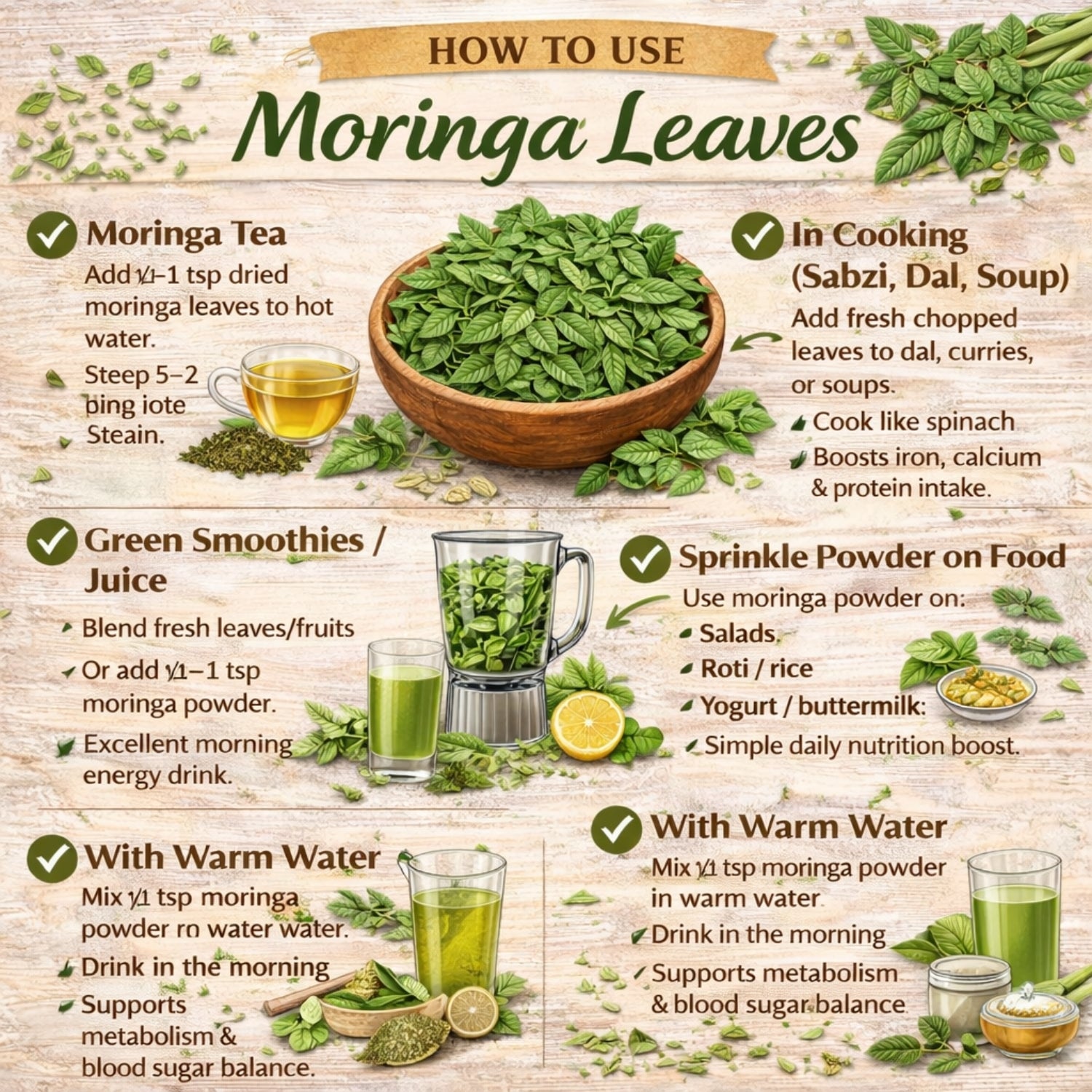 Infographic on how to use moringa leaves with text and images of moringa leaves and products.