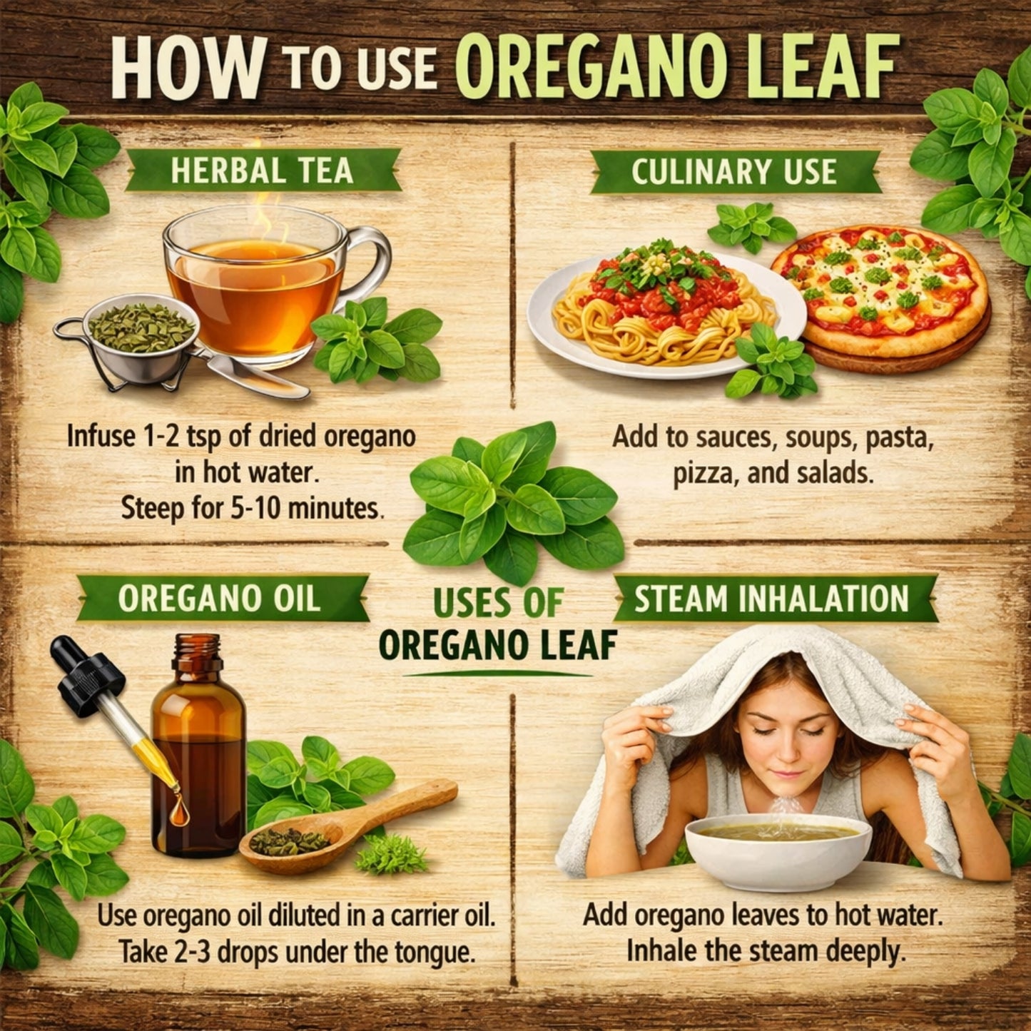 Infographic on how to use oregano leaf with text and images of tea, food, oil, and steam inhalation.