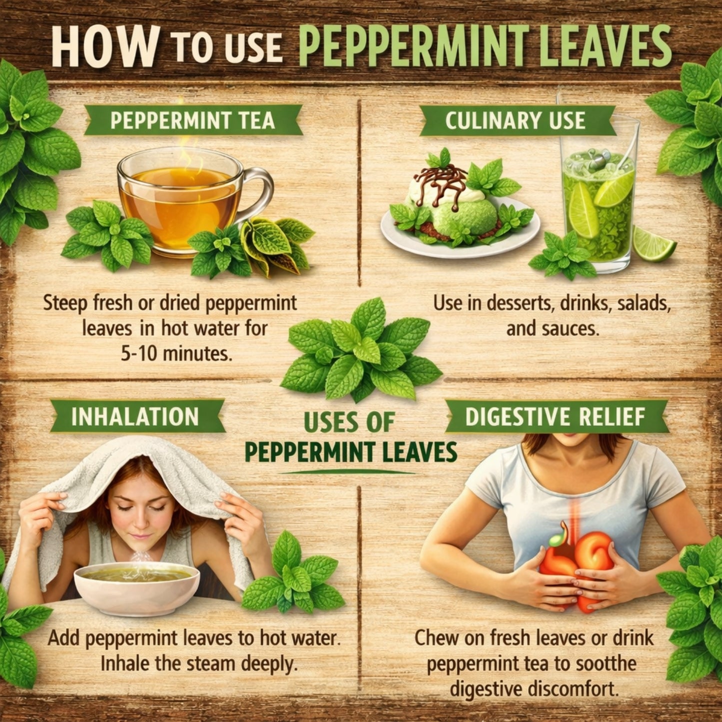 Infographic on how to use peppermint leaves with illustrations and text.