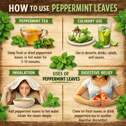 Infographic on how to use peppermint leaves with illustrations and text.