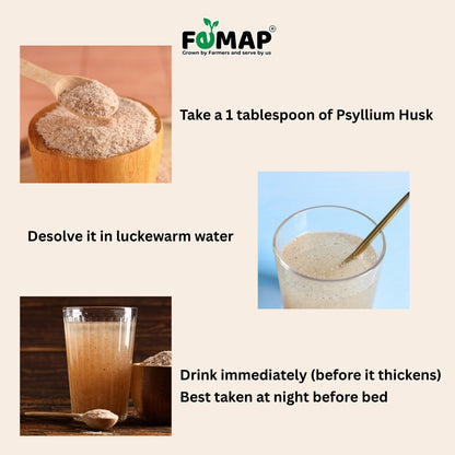 Instructions for taking Psyllium Husk with images of husk, water, and drink.