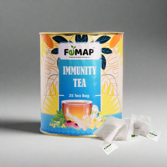 A photo of a box of FMAP Immunity Tea, featuring a blend of herbs and spices to support immune health.