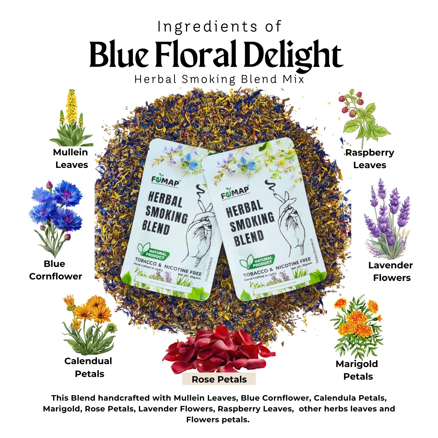 Ingredients of Blue Floral Delight Herbal Smoking Blend Mix with packaging and floral elements.